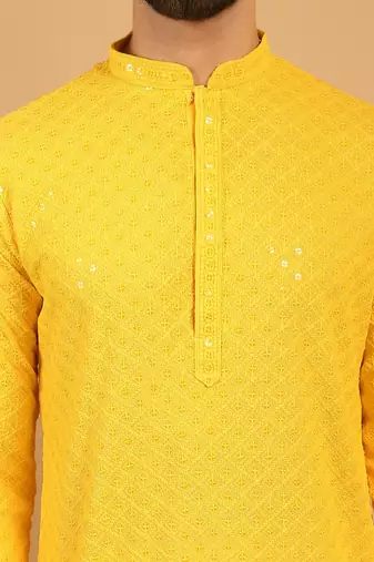 Yellow chikankari embroidery cotton kurta embellish work