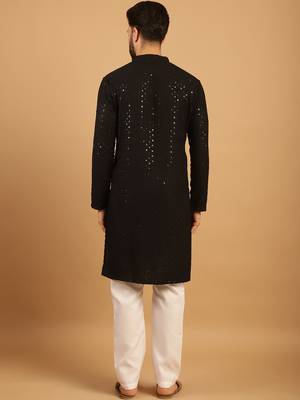 Black chikankari embroidery cotton kurta embellish work with aligarh pajama by treemoda 2