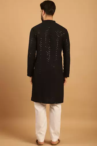 Black chikankari embroidery cotton kurta embellish work with aligarh pajama