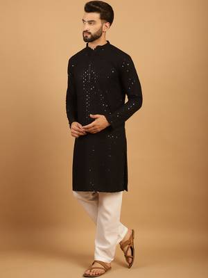 Black chikankari embroidery cotton kurta embellish work with aligarh pajama by treemoda 3