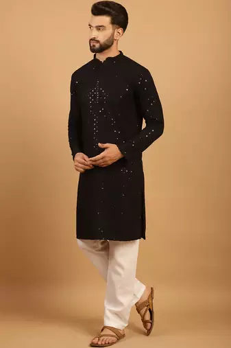Black chikankari embroidery cotton kurta embellish work with aligarh pajama