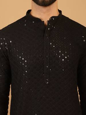 Black chikankari embroidery cotton kurta embellish work with aligarh pajama by treemoda 4