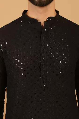 Black chikankari embroidery cotton kurta embellish work with aligarh pajama