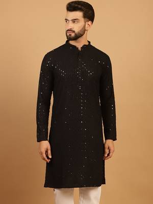 Black Cotton Chikankari Sequin Embroidered Kurta for Mens 1