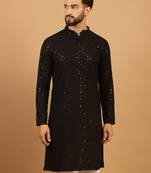 Black Cotton Chikankari Sequin Embroidered Kurta for Mens
