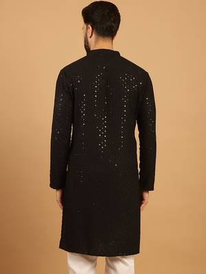 Black Cotton Chikankari Sequin Embroidered Kurta for Mens 2