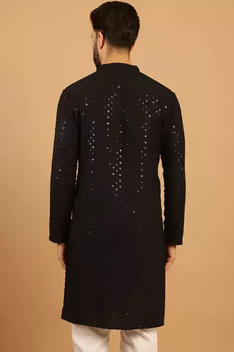 Black Cotton Chikankari Sequin Embroidered Kurta for Mens