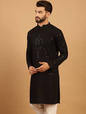 Black Cotton Chikankari Sequin Embroidered Kurta for Mens 3