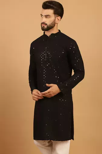 Black Cotton Chikankari Sequin Embroidered Kurta for Mens