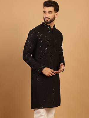Black Cotton Chikankari Sequin Embroidered Kurta for Mens 4
