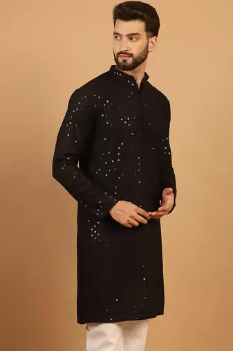 Black Cotton Chikankari Sequin Embroidered Kurta for Mens