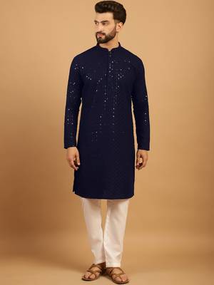 Navy blue chikankari embroidery cotton kurta embellish work with aligarh pajama by treemoda 1