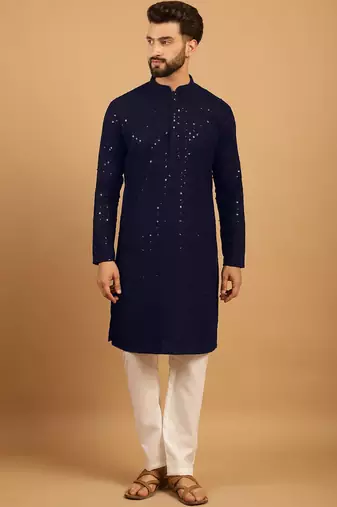 Navy blue chikankari embroidery cotton kurta embellish work with aligarh pajama by treemoda