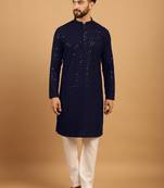 Navy blue chikankari embroidery cotton kurta embellish work with aligarh pajama by treemoda