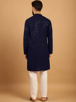 Navy blue chikankari embroidery cotton kurta embellish work with aligarh pajama by treemoda 2