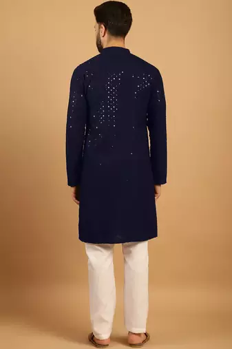 Navy blue chikankari embroidery cotton kurta embellish work with aligarh pajama by treemoda