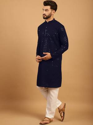 Navy blue chikankari embroidery cotton kurta embellish work with aligarh pajama by treemoda 3