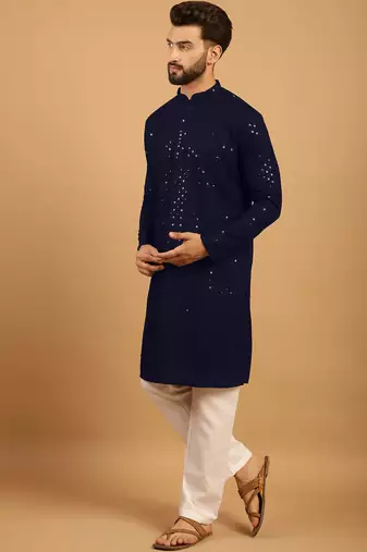 Navy blue chikankari embroidery cotton kurta embellish work with aligarh pajama by treemoda