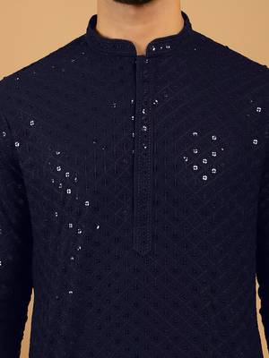 Navy blue chikankari embroidery cotton kurta embellish work with aligarh pajama by treemoda 4