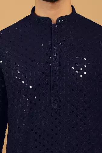 Navy blue chikankari embroidery cotton kurta embellish work with aligarh pajama by treemoda