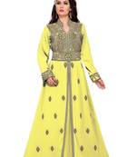 Yellow color luxurious Handmade Moroccan Kaftan with hijjab