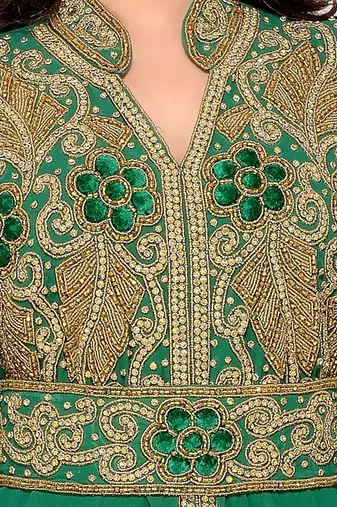 Dark-Green color Handmade Moroccan Kaftan with hijjab