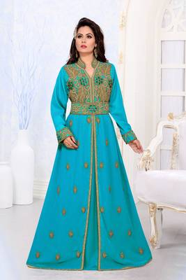 Cyan color Handmade Moroccan Kaftan with hijjab 1