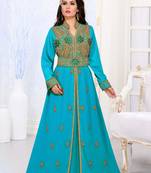 Cyan color luxurious Handmade Moroccan Kaftan with hijjab