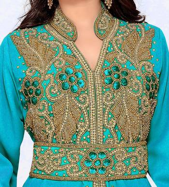 Cyan color Handmade Moroccan Kaftan with hijjab 2