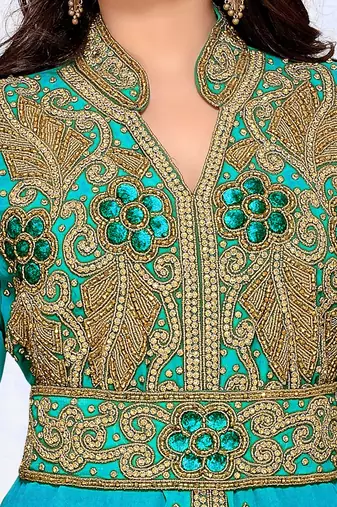 Cyan color Handmade Moroccan Kaftan with hijjab