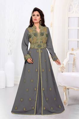 Grey color Handmade Moroccan Kaftan with hijjab 1