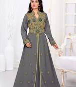 Grey color luxurious Handmade Moroccan Kaftan with hijjab