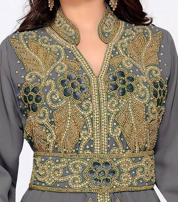 Grey color Handmade Moroccan Kaftan with hijjab 2