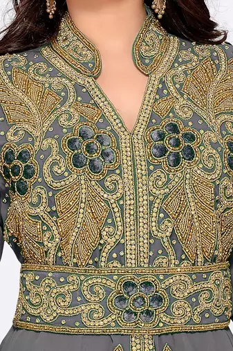 Grey color Handmade Moroccan Kaftan with hijjab