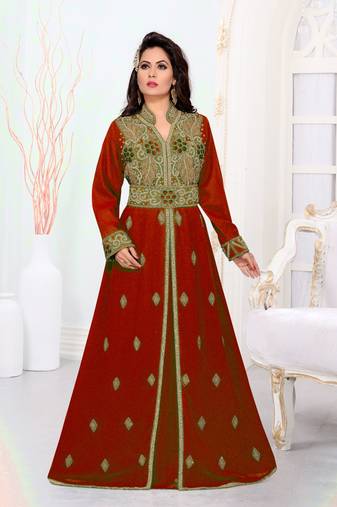 Maroon color luxurious Handmade Moroccan Kaftan with hijjab