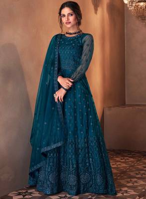 Turquoise net anarkali embroidered work festival long salwar suit dupatta semi stitched 1