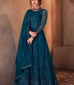 Turquoise net anarkali embroidered work festival long salwar suit dupatta semi stitched