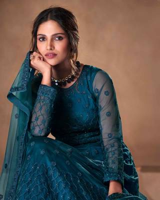 Turquoise net anarkali embroidered work festival long salwar suit dupatta semi stitched 2