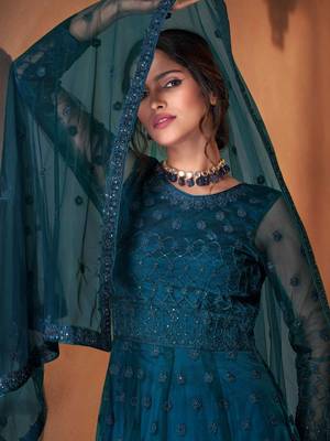 Turquoise net anarkali embroidered work festival long salwar suit dupatta semi stitched 3