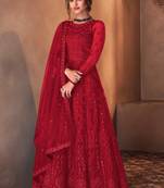 Red net anarkali embroidered work festival long salwar suit dupatta semi stitched