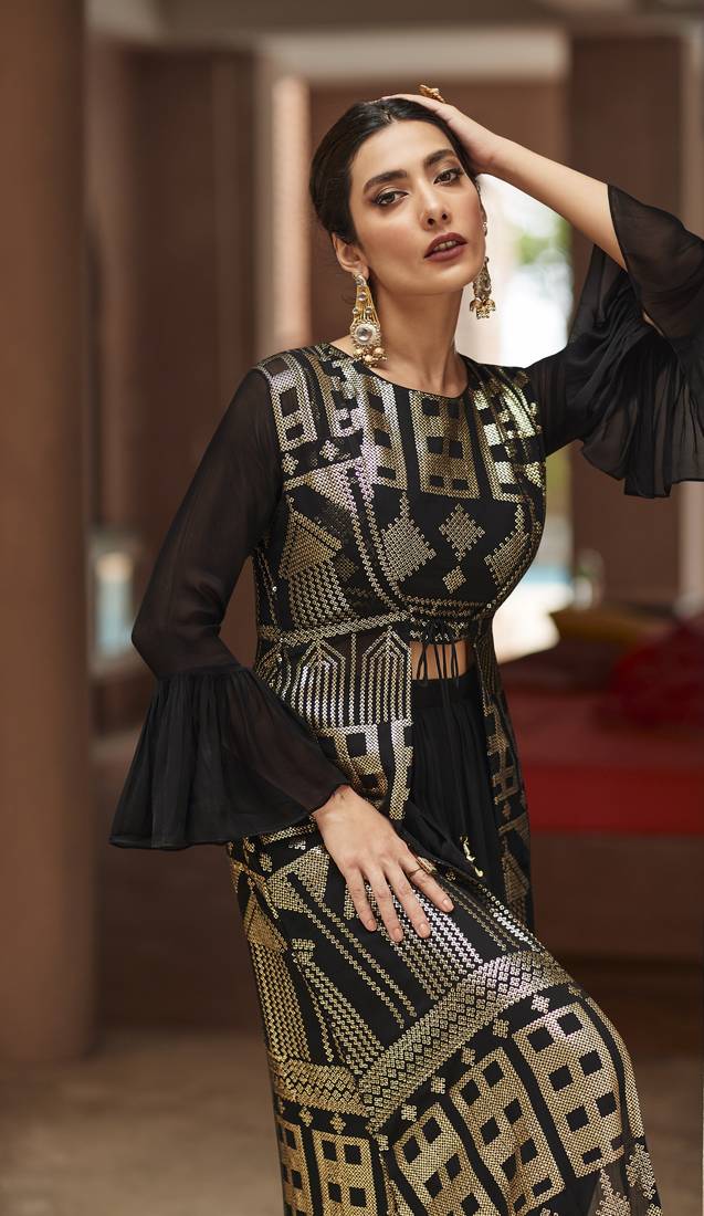 Black sequence embroidered faux georgette jacket style pakistani eid ramzan palazzo suit with dupatta semi stitched