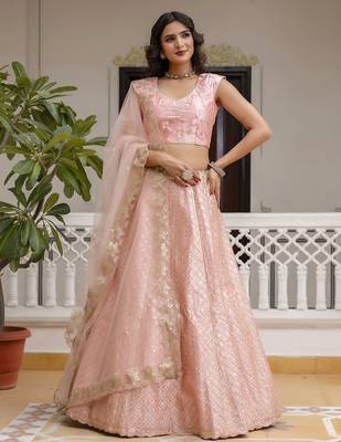 TPink Satin Embroidery Sequence Work Semi-Stitched Lehenga Choli with Net Dupatta For Women 1