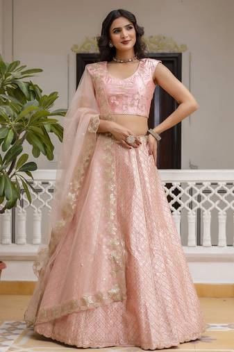 Pink Satin Embroidery SequinLehenga Choli with Net Dupatta For Women