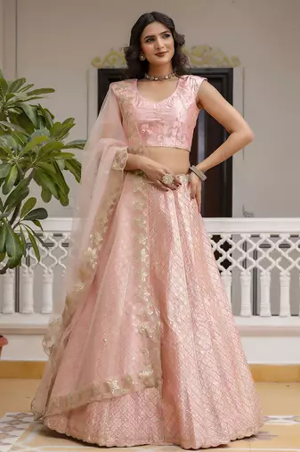 Pink Satin Embroidery SequinLehenga Choli with Net Dupatta For Women