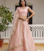 TPink Satin Embroidery Sequence Work Semi-Stitched Lehenga Choli with Net Dupatta For Women