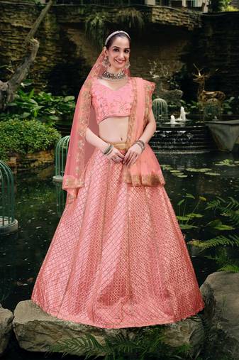 Pink Satin Embroidery Sequence Work Semi-Stitched Lehenga Choli with Net Dupatta For Women