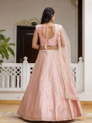 TPink Satin Embroidery Sequence Work Semi-Stitched Lehenga Choli with Net Dupatta For Women 2