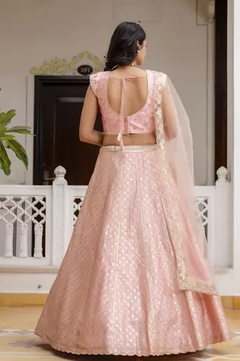 TPink Satin Embroidery Sequence Work Semi-Stitched Lehenga Choli with Net Dupatta For Women