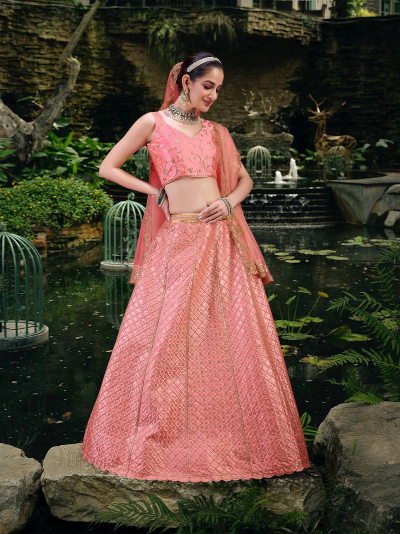 Pink Satin Embroidery Sequence Work Semi-Stitched Lehenga Choli with Net Dupatta For Women