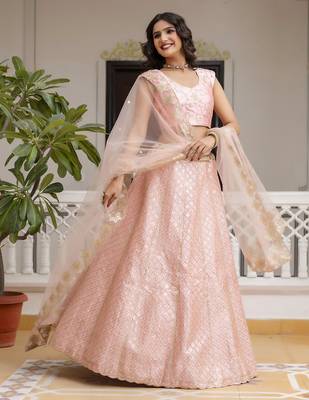 TPink Satin Embroidery Sequence Work Semi-Stitched Lehenga Choli with Net Dupatta For Women 3